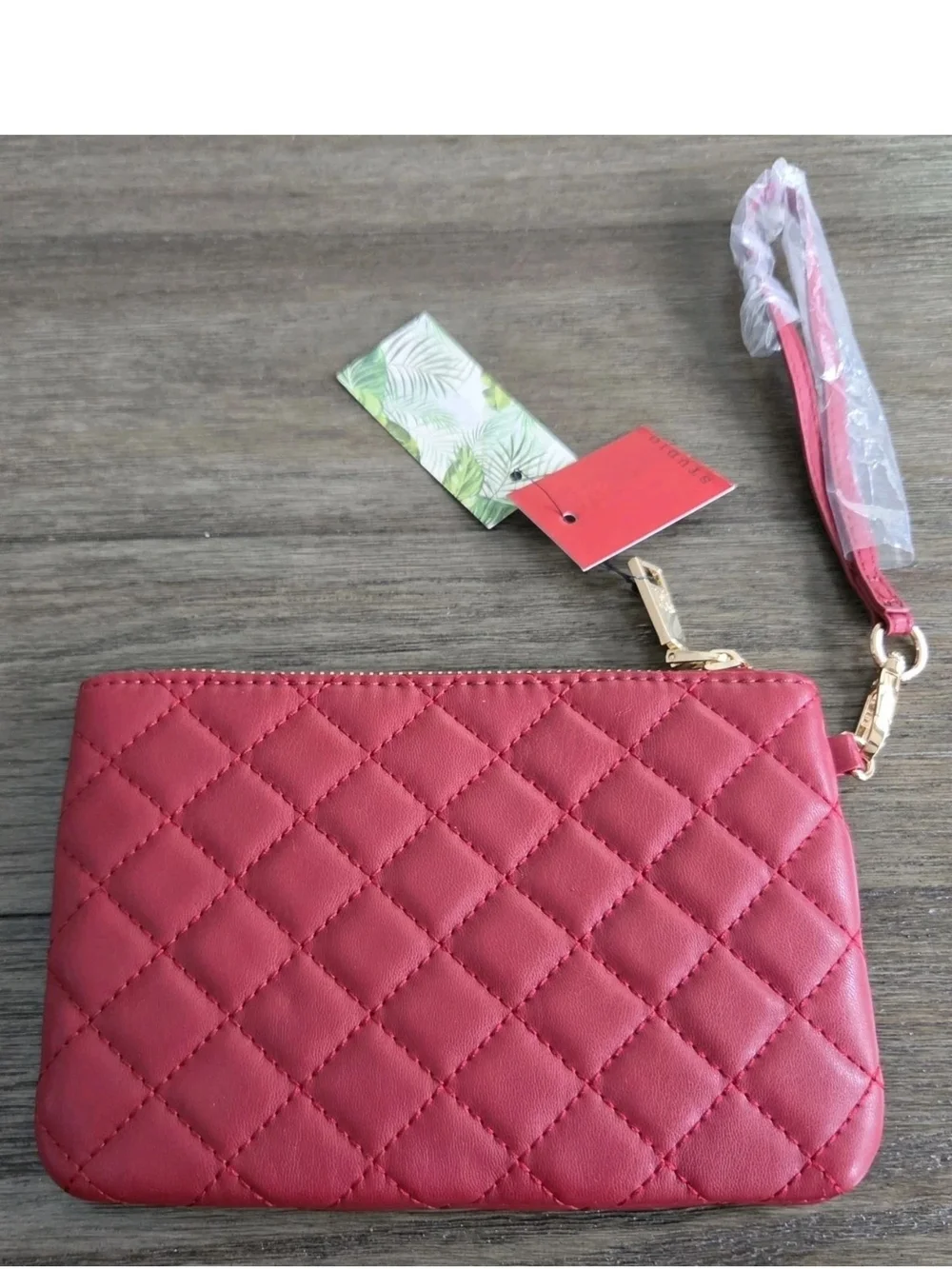 NWT Badgley Mischka (Studio) Diamond Quilted Vegan Leather Clutch Wristlet Red